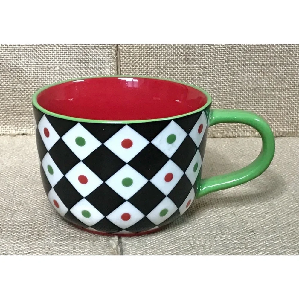 Pier 1 Harlequin Argyle Coffee Mug Cup Diamond Pattern Whimsical Retro Playful